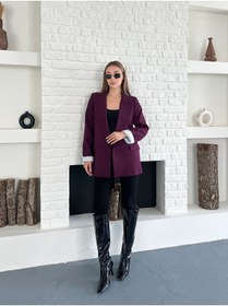 Resim Femistik Kadın Cep Detaylı Düğmesiz Premium Blazer Mürdüm Ceket 