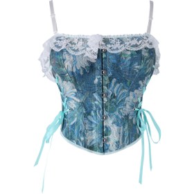 Resim Kadınlar için Mavi Çiçekli Dantel Kamisol Üstü Ön Düğmeli - Hafif %100 Polyester, Fırfırlı Askılı & Geometrik Desenli, Sadece Elde Yıkama, Günlük veya Resmi Giyim İçin 