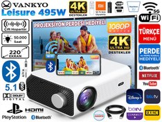 Resim Vankyo Leisure 495W 4K Destekli 5G Wi-Fi + 5.1 Bluetooth LCD LED Projeksiyon Cihazi - 220 İnç Yansıtma - HiFi Dolby Ses Sistemi Beyaz 