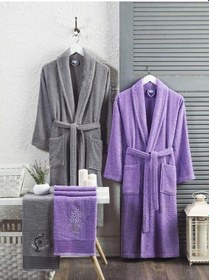 Resim 4 Parça Aile Bornoz Seti Kadın Erkek Havlulu Bornoz Takımı Gri Lavanta 001 