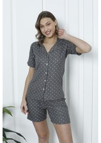 Resim Wordex Mirano 1201 Pegasus Kumaş Düğmeli Şortlu Likralı Kadın Pijama Takımı Füme 
