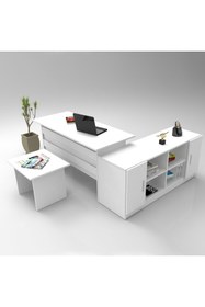 Resim L'occi Concept Diego Abf Modern Ofis Çalışma Masası Takımı - 3'lü Büro Seti: Çalışma Masası + Yan Sehpa + Kapaklı Klasör Dolabı Beyaz 