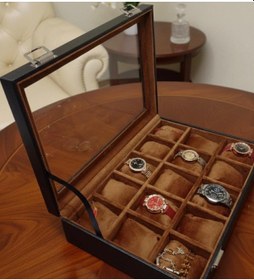 Resim Lüks 15 Yuvalı Lüks Deri Cam Kapaklı Şık Tasarıma Sahip Saat Saklama Kutusu Ebat 34x24x8 Cm Taba 