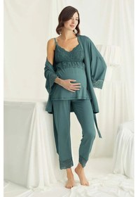 Resim Monamise 18523 Hamile Lohusa Sabahlıklı Pijama Takım-yeşil 