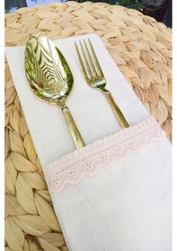 Resim 6 Adet Keten Pembe Dantelli Kaşıklık Servis Sunum 