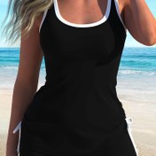 Resim Kadınlar için Düz Renk Tankini Mayo Takımı, %82 Polyester %18 Elastan, Yüksek Esneklikli Örgü Kumaş, Rahat Plaj Giyimi 