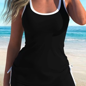 Resim Kadınlar için Düz Renk Tankini Mayo Takımı, %82 Polyester %18 Elastan, Yüksek Esneklikli Örgü Kumaş, Rahat Plaj Giyimi 