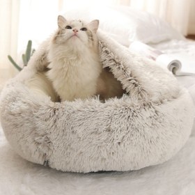 Resim 2'si 1 Arada Yuvarlak Sıcak Evcil Hayvan Yatağı Evi Polyester Kedi Yatağı, Uzun Peluş, Kış, Kedi İçin Uyku Çantası Kanepe Yastığı ile 