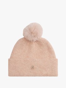 Resim Tommy Hilfiger Kadın TH Metalik Logolu Üstü Ponponlu Esnek Yün Karışımlı Örgü Pembe Bere 