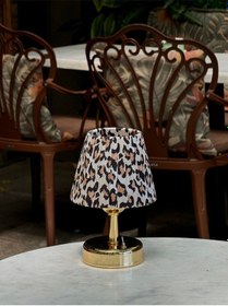 Resim Leopar Desenli İpek Saten Parlak Gold Ayaklı Tasarım Kablosuz Gece Masa Lambası 