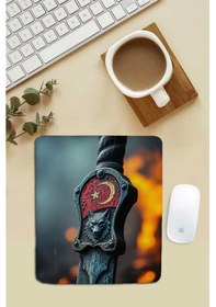 Resim Sonictouch Bilek Destekli Kurt Başlı Türk Kılıcı Kırmızı Dikdörtgen Pürüzsüz Yüzey Dikişsiz Mouse Pa Mousepad 