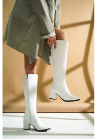 Resim Karmen Beyaz Deri 6cm Topuklu Yanı Fermuarlı Günlük Kullanım Çizme Beyaz Cilt 