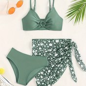 Resim Kız Öğrenci INS Tarzı Sevimli Taze Yeşil Küçük Çiçekli Kolej Stili Tatil Rahatlık Sıcak Su Banyosu Bikini Üç Parça Takımı 