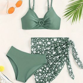 Resim Kız Öğrenci INS Tarzı Sevimli Taze Yeşil Küçük Çiçekli Kolej Stili Tatil Rahatlık Sıcak Su Banyosu Bikini Üç Parça Takımı 