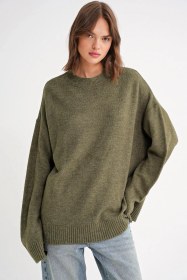 Resim Mixray 6913 Kadın Salaş Yumuşak Dokulu Oversize Triko Kazak Haki 