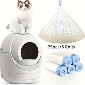 Resim 75 Adet (5 Rulo) 4. Nesil Robotik Kedi Kumu Dolumları Uyumlu - PEVA Kendi Kendini Temizleyen Taşınabilir Kedi Kumu Kutusu Astarları, Akıllı Robotik Kedi Kumu Kutuları için Katlanabilir Dikdörtgen 