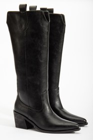 Resim DENORA Siyah Mat Deri Topuklu Kovboy Western Düz Çizme 