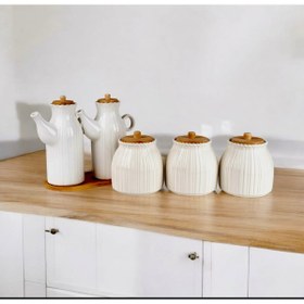 Resim Pembelia Life 6 Parça Bambu Standlı Papatya Porselen 2 li Yağdanlık Ve 3 lü Papatya Kavanoz Set 