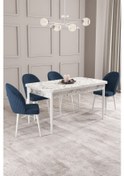 Resim Calvin Beyaz Mermer Desen 80x132 Mdf Açılabilir Mutfak Masası Takımı 4 Adet Sandalye Lacivert 
