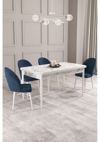 Resim Calvin Beyaz Mermer Desen 80x132 Mdf Açılabilir Mutfak Masası Takımı 4 Adet Sandalye Lacivert 