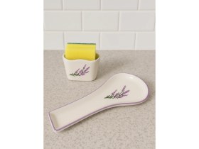 Resim PremiumPort Lavanta Desenli 2'li Mutfak Seti: Kirli Kaşıklık, Süngerlik ve Kaşık Altlığı 