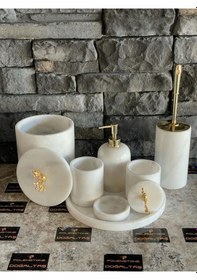 Resim Beyaz Mermer Gold Mercan Aksesuarlı 7'li Banyo Seti Beyaz 