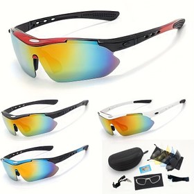Resim Sport Gözlükleri ve Outdoor Seti - Beş Parça | Sürüş, Bisiklet ve Açık Hava Sporları İçin Uygun | Yüksek Çözünürlüklü, Lens Sökme İpi, Nefes Alabilir Delikler, Çıkarılabilir Miyop Çerçeve, Ter Önleyici Kauçuk Şerit, Ayarlanabilir Burun Pedi 