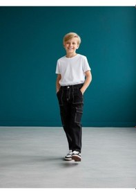 Resim Zekids Çocuk Kargo Cepli Kontrast Dikişli Geniş Paça Pantolon-16618 Siyah 