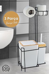 Resim GRİMOR Life Ahşap Desenli Metal Standlı Yedekli Wc Kağıtlık Banyo Seti Beyaz 