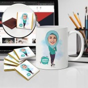 Resim Turkuaz Başörtülü Kadın Karikatürlü Kupa ve Çikolata 