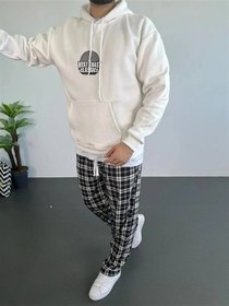 Resim Erkek Baskılı Üç İplik Kapüşonlu Oversize Sweatshirt - Beyaz Siyah 