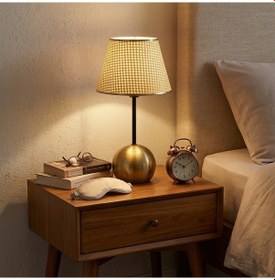 Resim Dora Eskitme Gold Metal Ayaklı Abajur Hasır Başlıklı Vintage Gece Lambası 