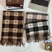 Resim 1/2 Bayan Retro Kalp Desenli Şal - Kalın ve Sıcak Kışlık Siyah-Kahverengi Kontrast, Günlük Seyahat, Ofis ve Sosyal Etkinlikler İçin Çok Yönlü Moda Eşarp, Sonbahar/Kış Temel Aksesuarı 