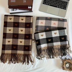 Resim 1/2 Bayan Retro Kalp Desenli Şal - Kalın ve Sıcak Kışlık Siyah-Kahverengi Kontrast, Günlük Seyahat, Ofis ve Sosyal Etkinlikler İçin Çok Yönlü Moda Eşarp, Sonbahar/Kış Temel Aksesuarı 