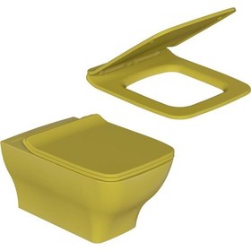Resim Dura Petra Limon Sarısı Asma Klozet Rimles Kanalsız ve Duroplast Yavaş Kapanır Kapak 