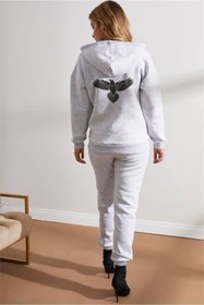 Resim LAND MODA Kadın Kartal Baskılı kapüşonlu Fermuarlı Sweatshirt Eşofman Alt-Üst Takımı 