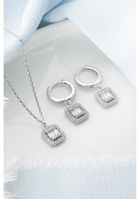 Resim Çekirdekjewelry 925 Ayar Gümüş Baget Taşlı Kolye Küpe Seti Gri 
