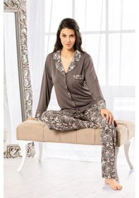 Resim Faal 8603 Kadın Uzun Kollu Önden Düğmeli Pijama Takımı-kahve Kahve 
