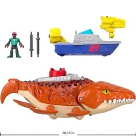 Resim Grains Global Imaginext World Rebirth Dev Ağızlı Mosasaurus, 45,5 Cm'lik Dinozor Oyuncağı, 7,5 Cm'lik Aksiyon Figürü, Fırlatıcılı Tekne ve 2 Cephane, JFR23 