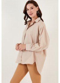 Resim Lela Pamuklu Oversize Dokuma Bayan Gömlek 6234760 Taş 