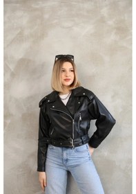 Resim Genculus Kemerli Crop Deri Oversize Kadın Yeni Sezon Ceket Çok Renkli 