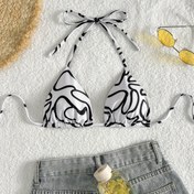 Resim Allover Print Triangle Halter Bikini Üstü, Spagetti Askılı Sırtı Açık Esnek Yüzme Üstü, Kadın Mayo ve Giyim 