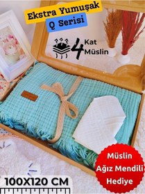 Resim 4 Kat Müslin Mint Yeşil Saçaklı Bebek Battaniyesi 100x120 Cm- %100 Pamuklu & Çok Amaçlı Battaniye Mint 