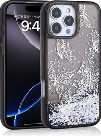 Resim İphone 15 Pro Max Uyumlu Kılıf Sıvılı Simli Kelebek Baskılı Şeffaf Arka Yüzey Zore Glis Silikon Kapa Siyah 