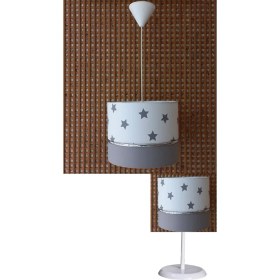 Resim Onay Avize Beyaz Yıldızlı Gri 2.li Set M-0390 Kumaş Kaplama Genç ve Çocuk Odası Avize ve Abajur Takımı 