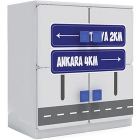 Resim 4 Kapaklı Çocuk Odası Anaokulu Kreş Dolap Şehir Temalı Gri - Mavi 