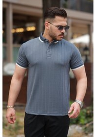 Resim Erkek Düğme Yakalı Jakar Kumaş Kısa Kollu Tişört Antrasit 