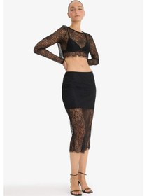 Resim DeFacto Slim Fit Dar Kesim Astarlı Midi Dantelli Etek E0465AX24AUBK81 Siyah 