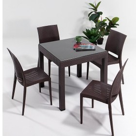 Resim Rattan Small Camlı Kahve Masa Takımı Bahçe&balkon 1 Camlı Masa + 4 Sandalye Kahverengi 