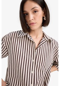 Resim DeFacto Afra x DeFacto Loose Fit Çizgili Poplin Uzun Kollu Gömlek F0403AX25SMBN390 